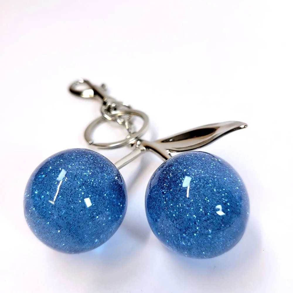 Bag Charm Keychain Glitter Resin Double Cherry Blue Women Retro Whimsical